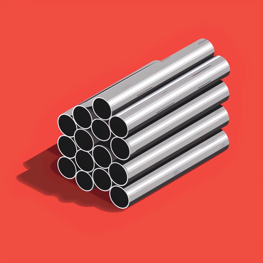 Conjunto de tubos de acero brillante apilados sobre un fondo rojo.