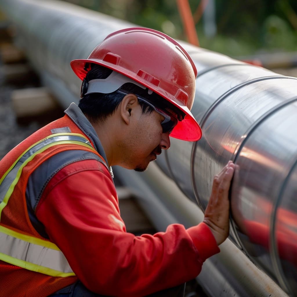 Un trabajador con casco rojo y gafas de seguridad inspecciona una tubería metálica en un entorno de construcción.