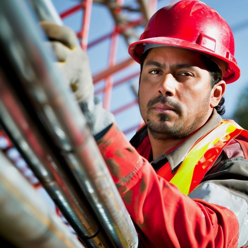 Tubos de acero grandes apilados en un entorno industrial con equipos de fondo.