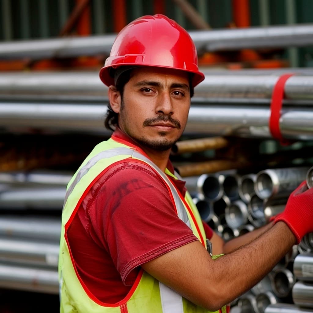 Hombre en un sitio de construcción con casco rojo y chaleco reflectante, junto a tubos de acero.