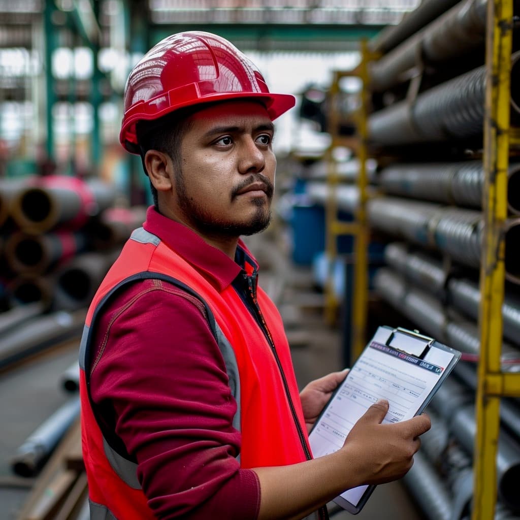 Trabajador de MMTUBERIA verificando inventario de Tubería Gigante de Acero.