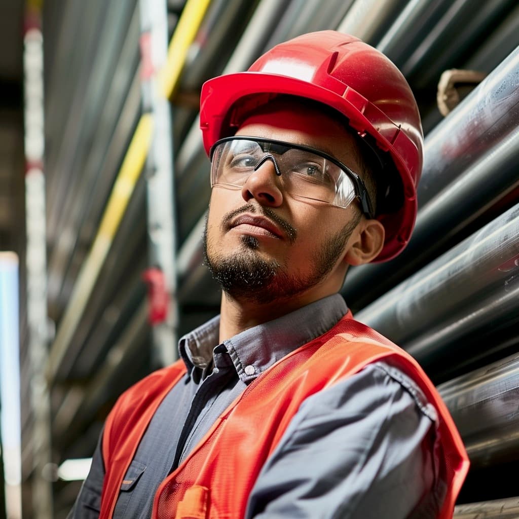 Hombre con casco rojo y gafas de seguridad, en un entorno industrial con tuberías de acero de fondo.