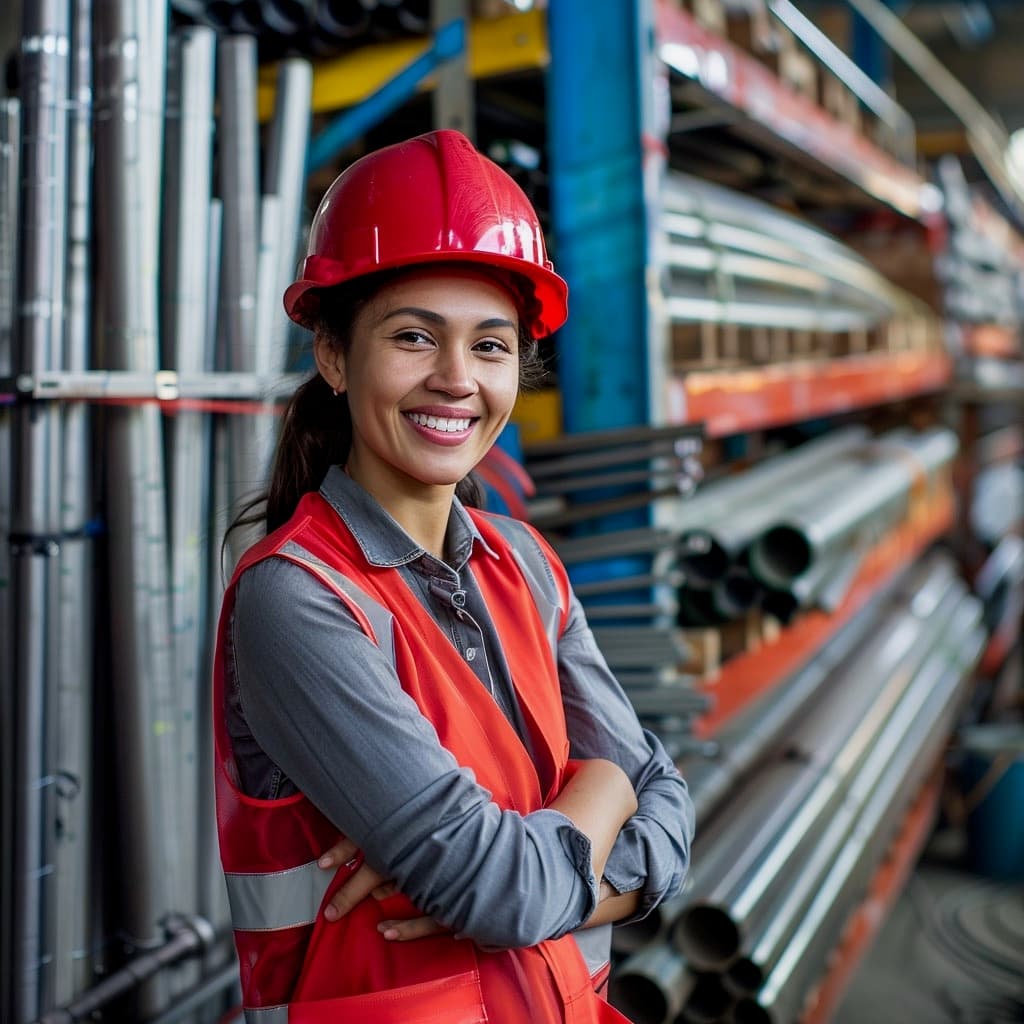 Mujer sonriente con casco y chaleco de seguridad en un entorno industrial.