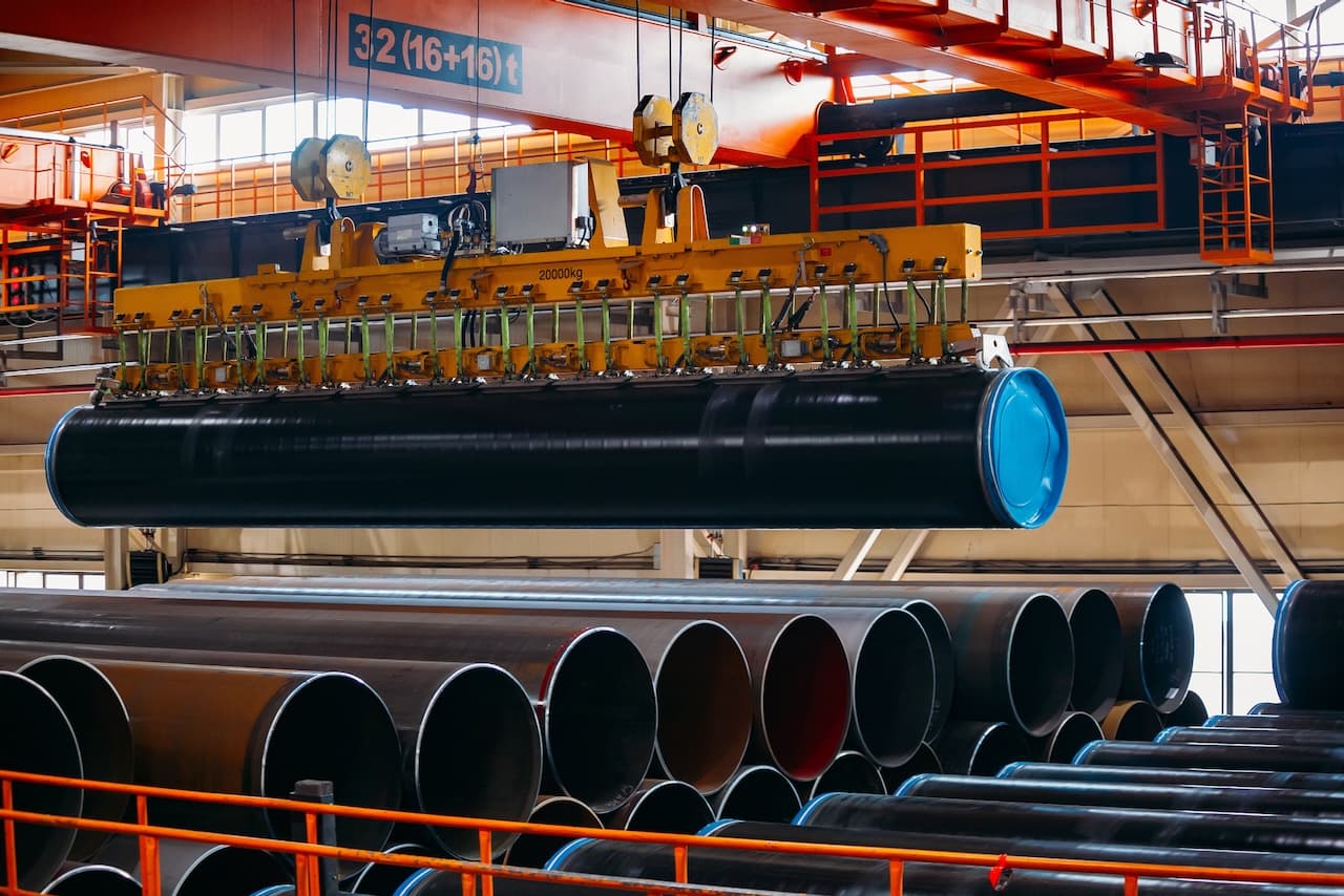 Grúa elevando una tubería grande en un almacén industrial, con varios tubos alineados en el fondo.